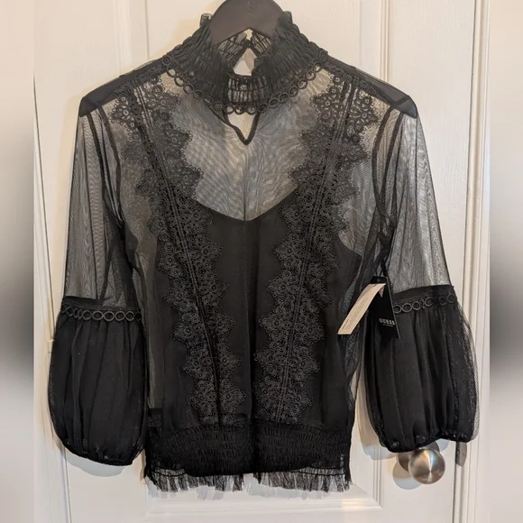 GUESS‎ Luigi Appliqué Smocked Top Size Medium Black - Picture 2 of 9